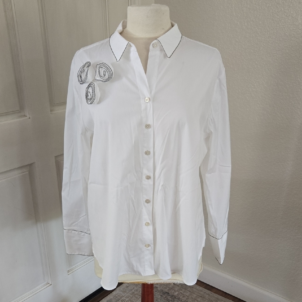 Chico's White Button-Down Shirt with Rosette Appliqués